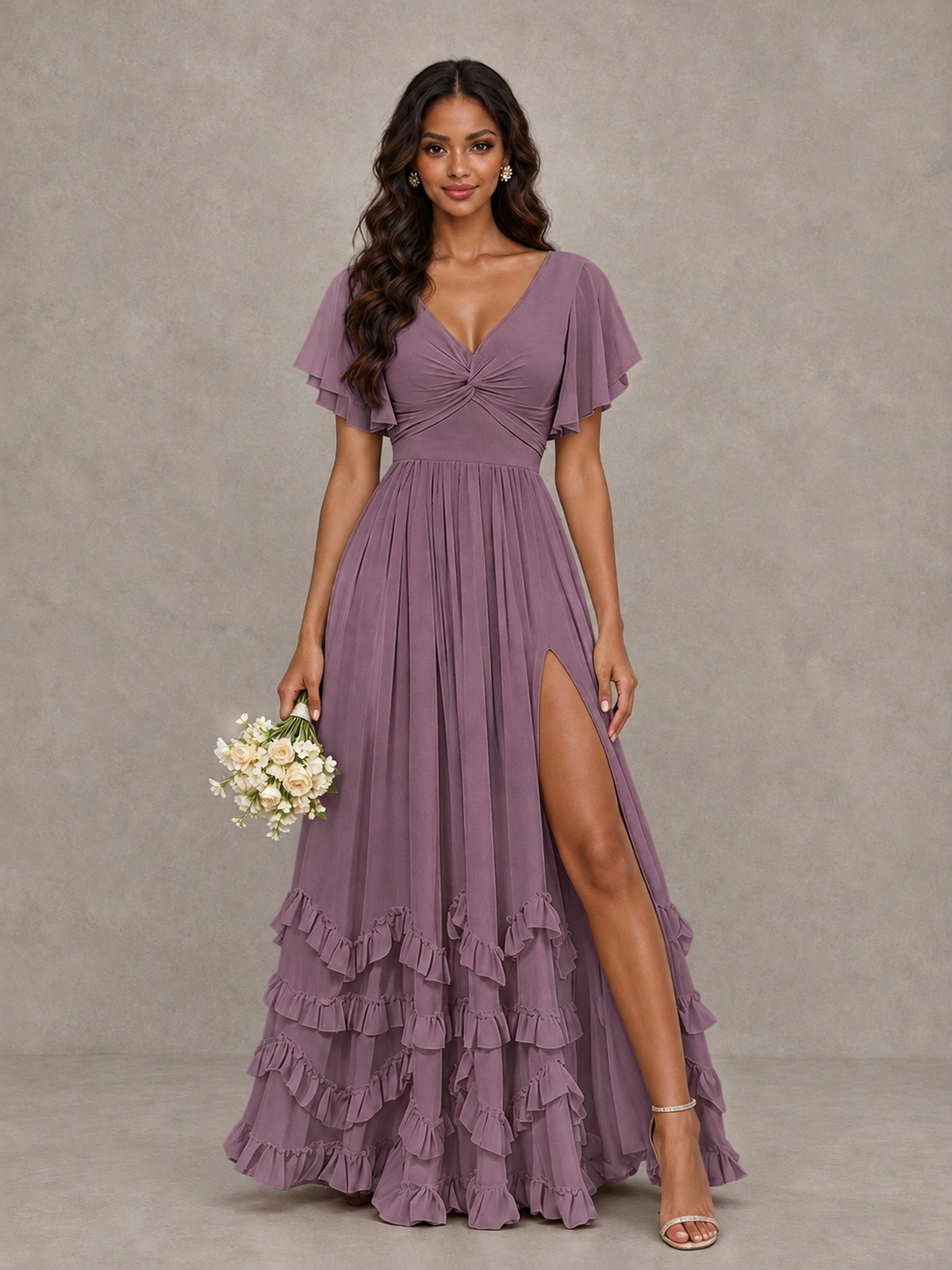BOLODOO Wisteria V-Neck Flutter Sleeve Ruffle Bridesmaid Dress with Slit - Wisteria - Wisteria (1)