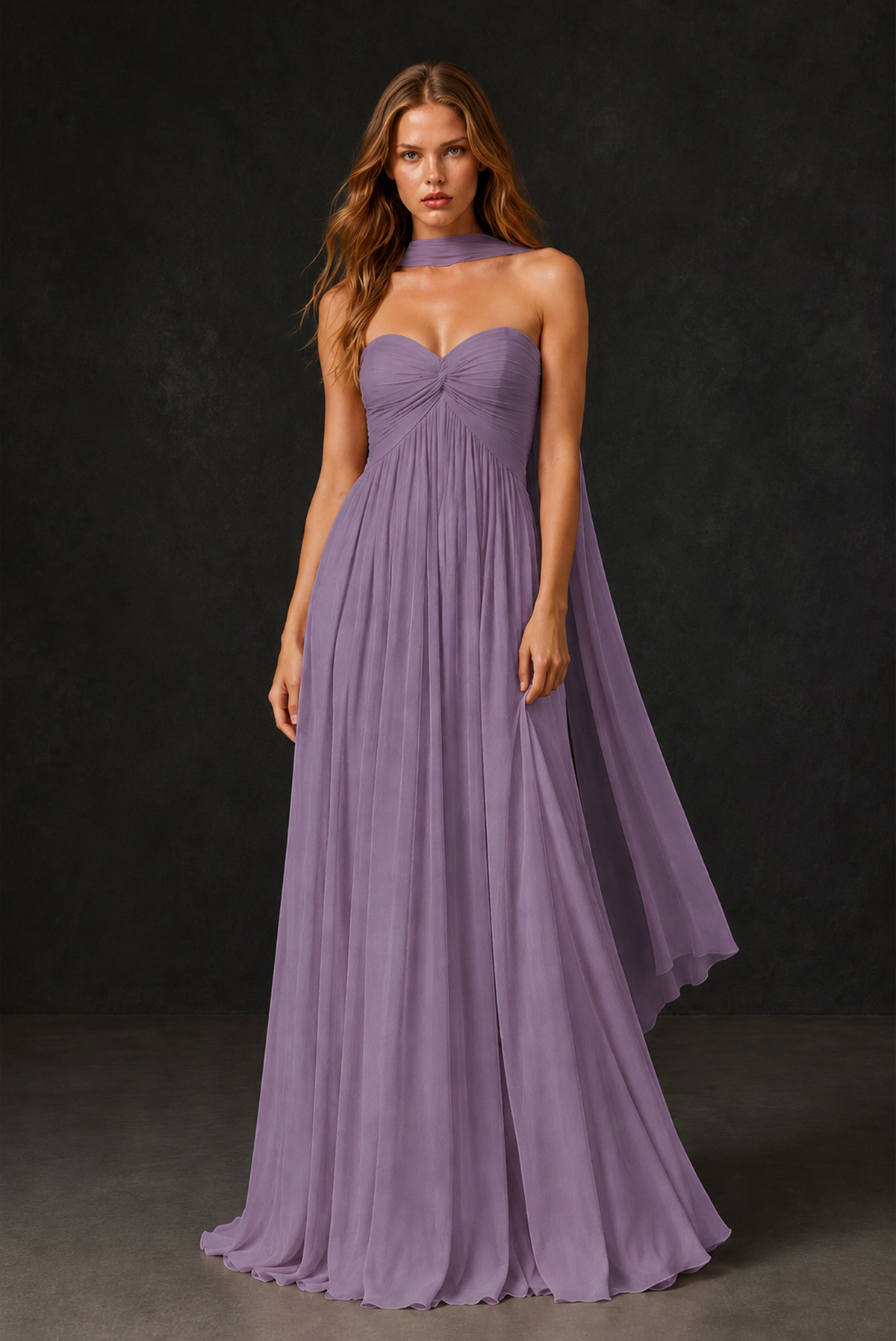 BOLODOO Wisteria Sweetheart Strapless Twist Knot Detached Halter Scarf Lace-Up Back Empire Waist Chiffon Maxi Dress - Wisteria