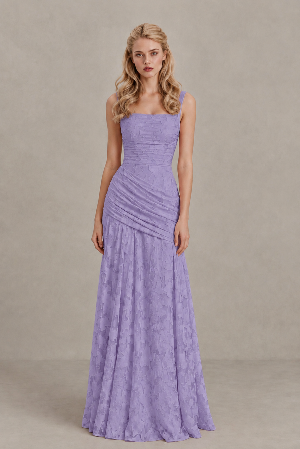 BOLODOO Wisteria Ruched Floral Maxi Dress with Lace-Up Back - Wisteria