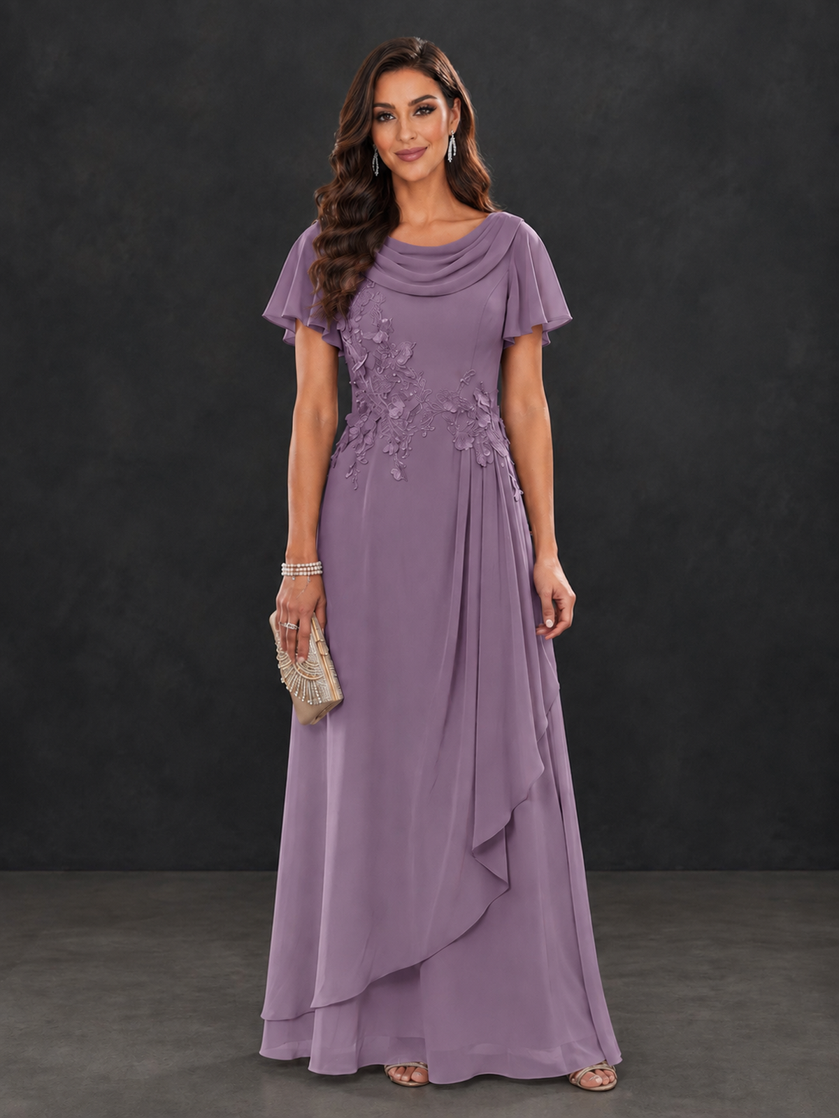 BOLODOO Wisteria Floral Flutter Sleeve Mother of the Bride Dress - Wisteria