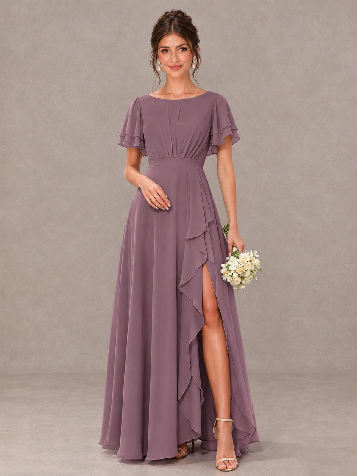 BOLODOO Wisteria Flutter Sleeve Ruffle Bridesmaid Dress with Slit - Wisteria - Wisteria (1)