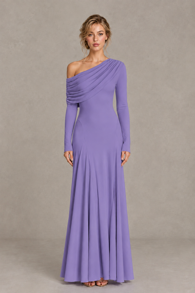 BOLODOO Wisteria Asymmetric Draped Long Sleeve Evening Gown - Wisteria
