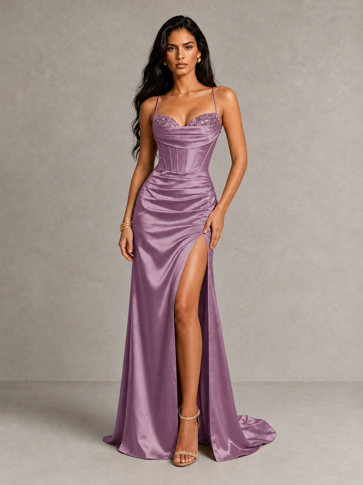 BOLODOO Wisteria Satin Corset Prom Dress with High Slit & Lace-Up Back - Wisteria - Wisteria (1)