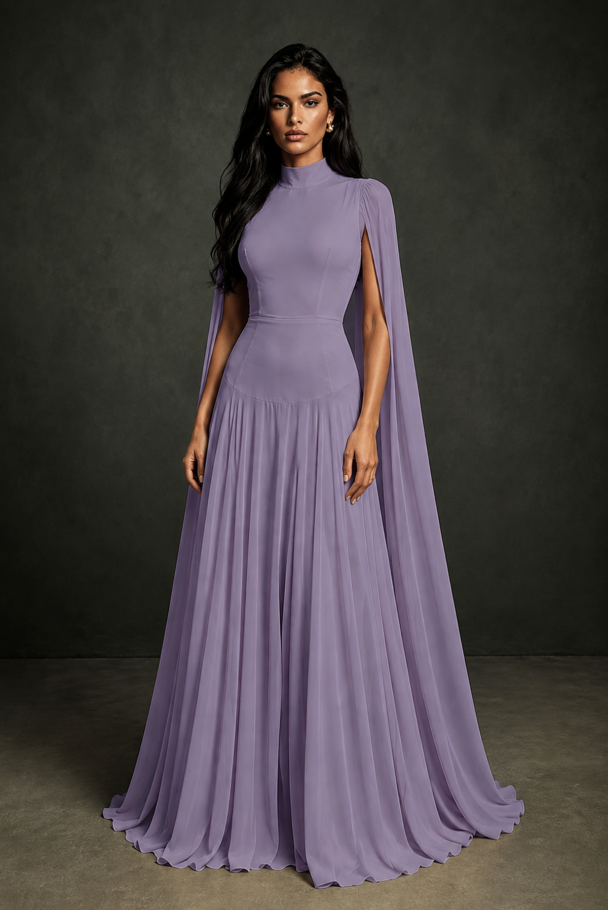 BOLODOO Wisteria Mock Neck Cape Sleeve A-Line Chiffon Maxi Dress - Wisteria