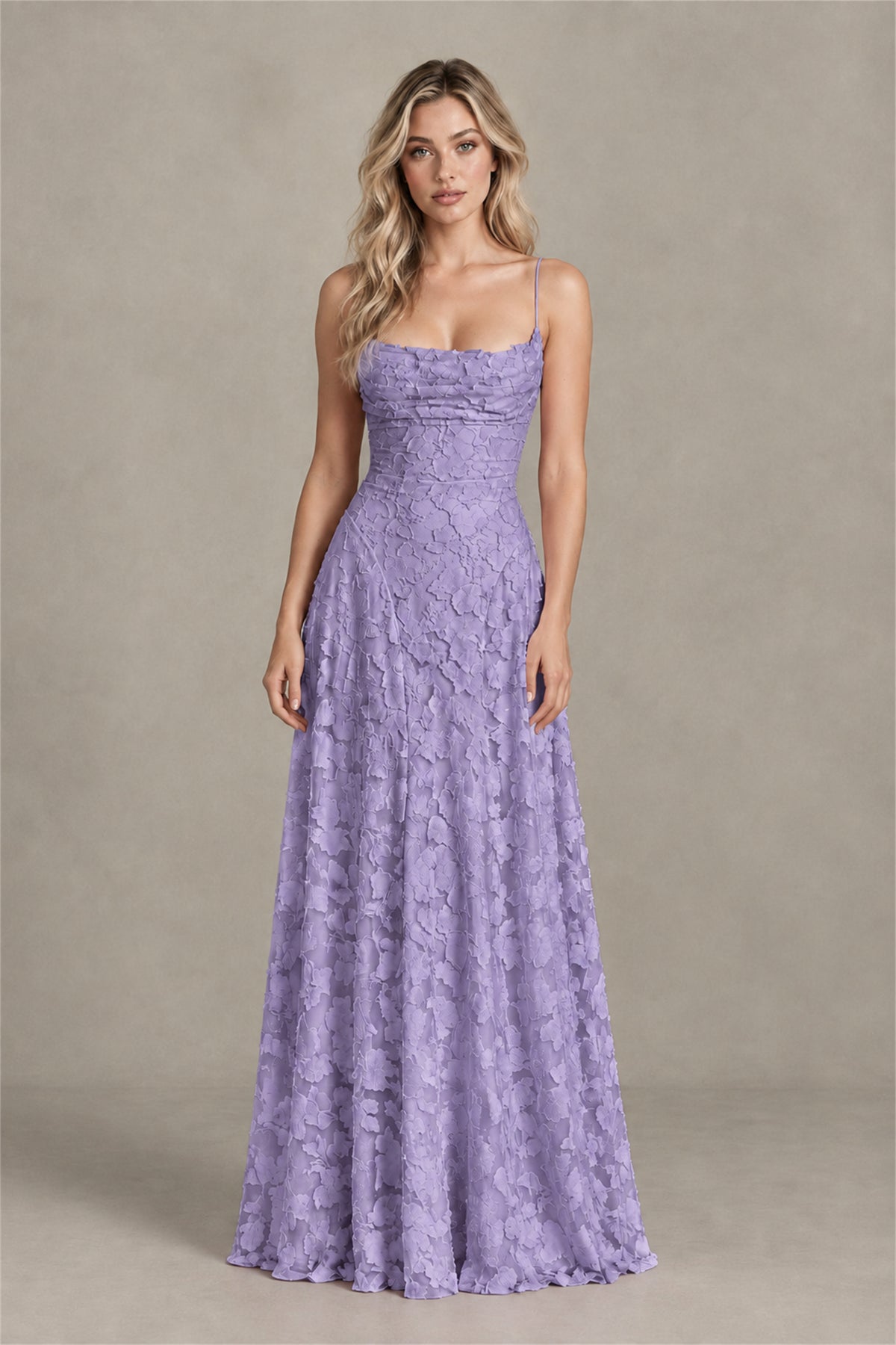 BOLODOO Wisteria Floral Appliqué Lace-Up Back Maxi Dress - Wisteria
