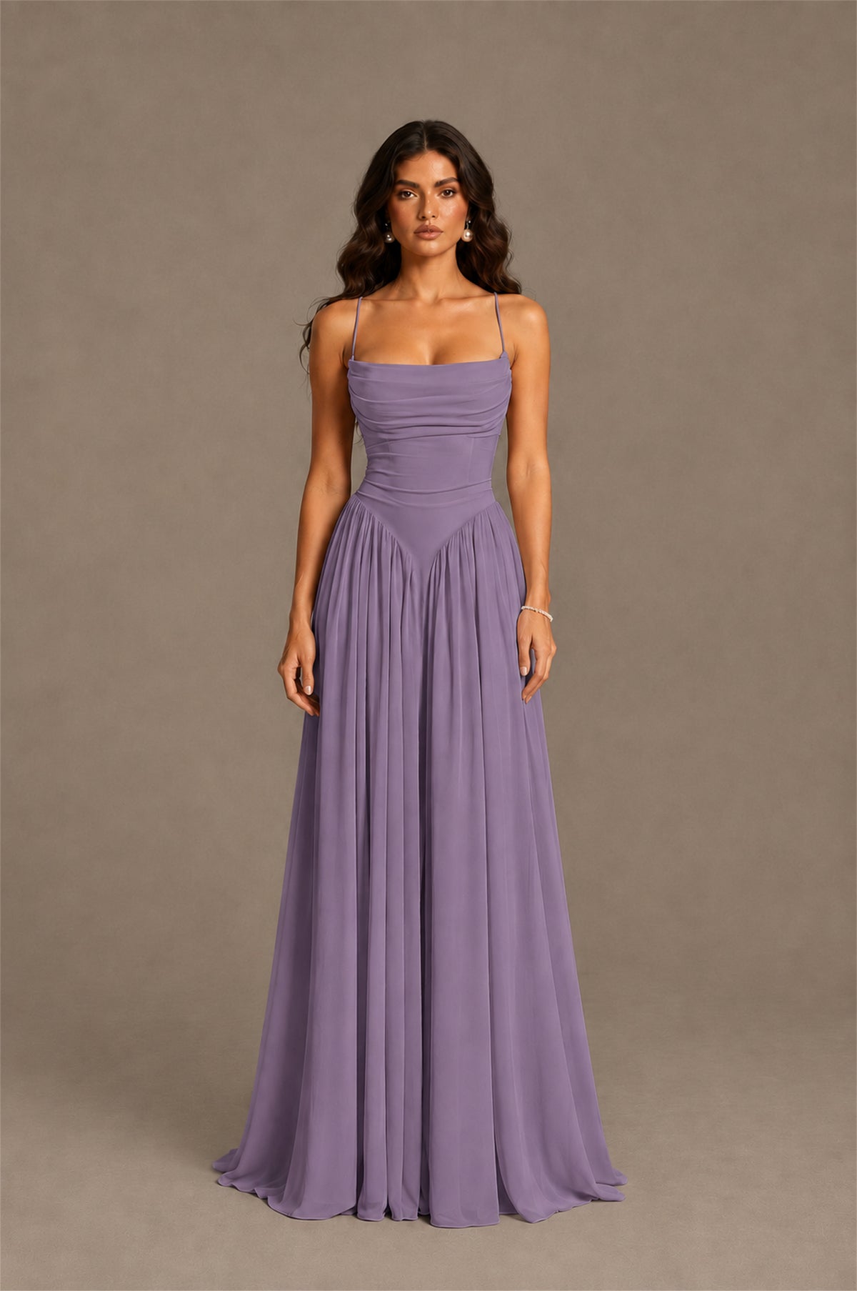 BOLODOO Wisteria Spaghetti Strap Square Neck Ruched Chiffon Maxi Dress with Lace-Up Back - Wisteria