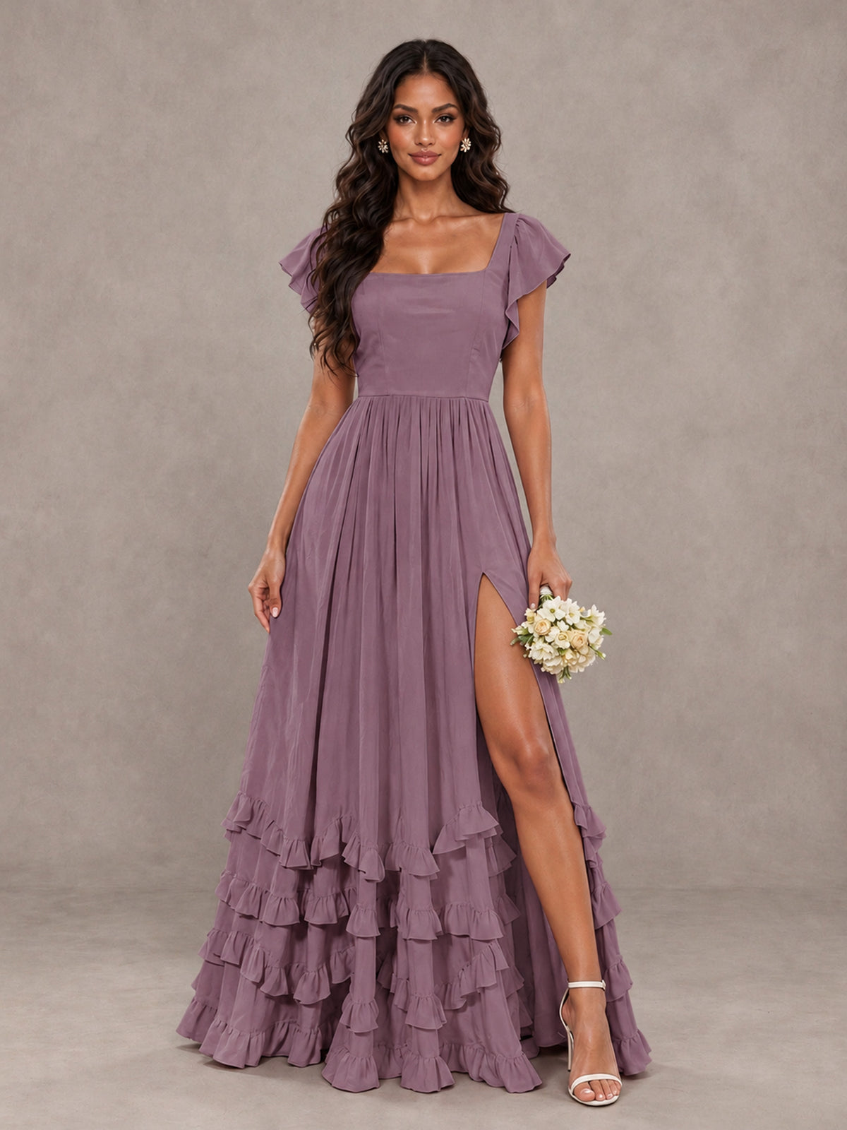 BOLODOO Wisteria Flutter Sleeve Ruffle Bridesmaid Dress with Slit - Wisteria - Wisteria (1)