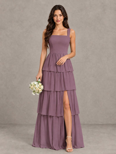 BOLODOO Wisteria Square Neck Tiered Bridesmaid Dress with Slit - Wisteria - Wisteria (1)
