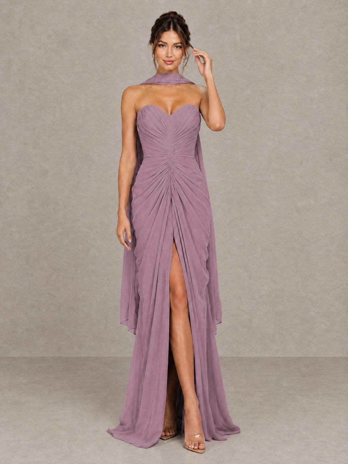 BOLODOO Wisteria Strapless Ruched Maxi Dress with Scarf and Slit - Wisteria