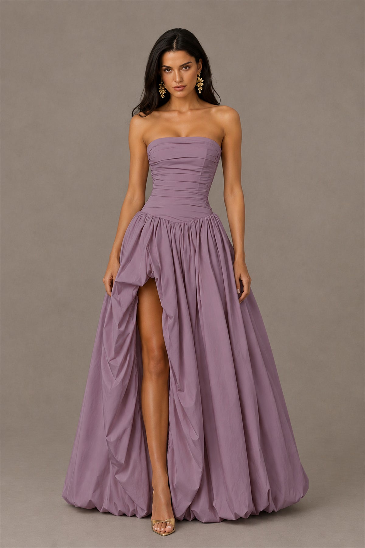 BOLODOO Wisteria Strapless Ruched Corset Lace-Up Back Bubble Skirt High Slit Taffeta Maxi Dress - Wisteria