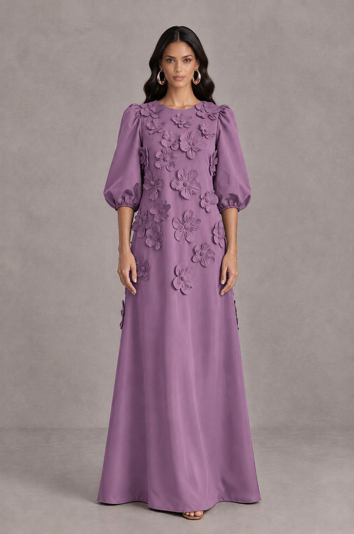 BOLODOO Wisteria Floral Applique Puff Sleeve A-Line Evening Dress - Wisteria - Wisteria (1)