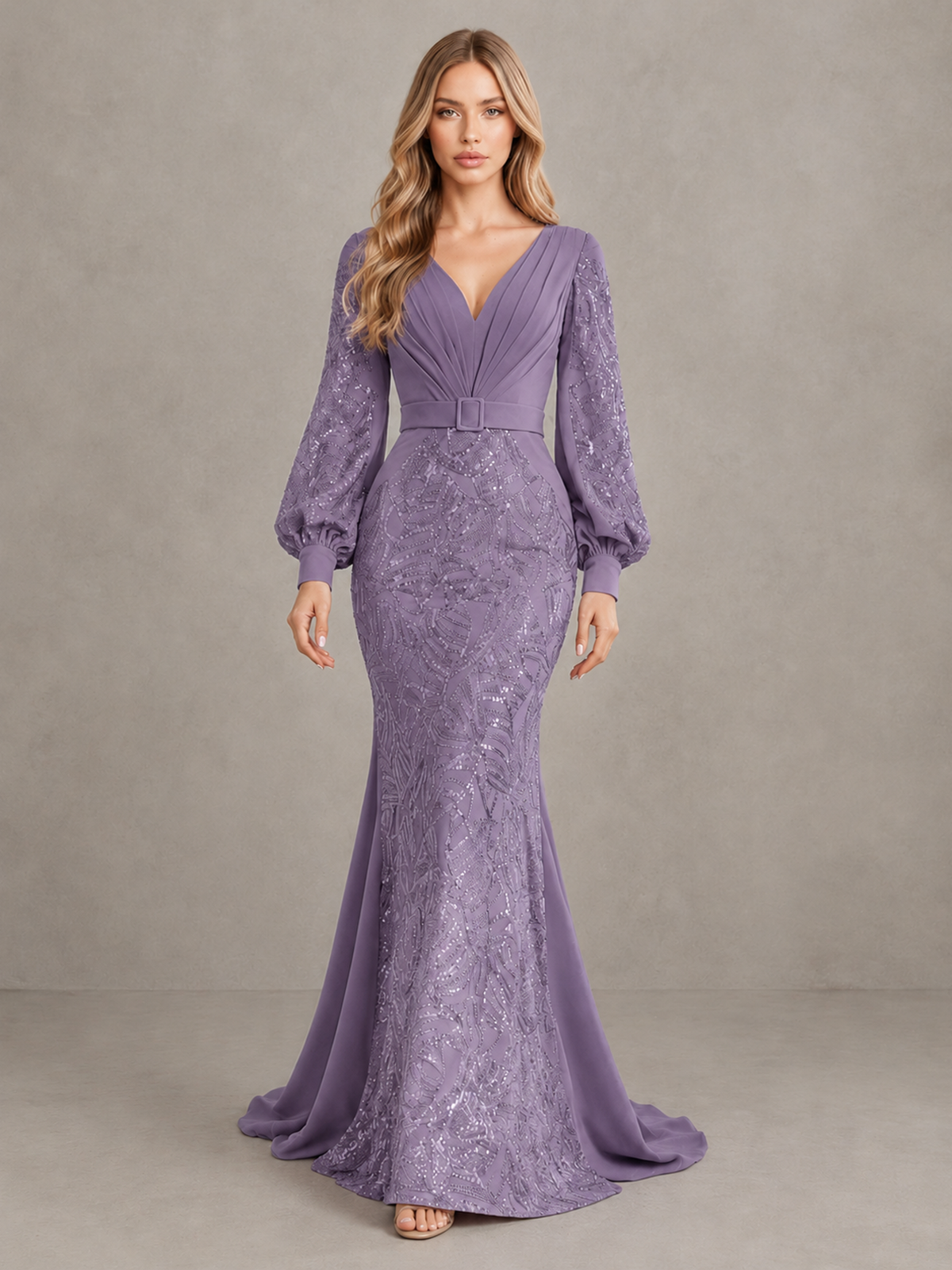 BOLODOO Wisteria Sequin Long Bishop Sleeve Mermaid Evening Dress - Wisteria - Wisteria (1)