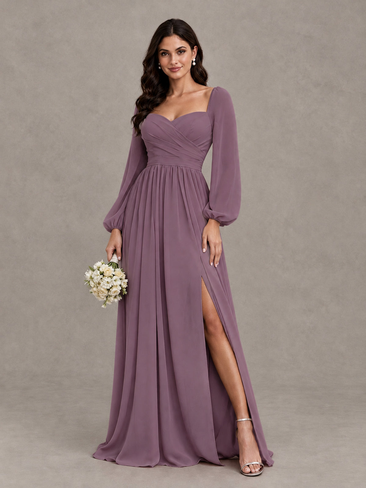 BOLODOO Wisteria Long Sleeve Chiffon Bridesmaid Dress with Slit - Wisteria - Wisteria (1)
