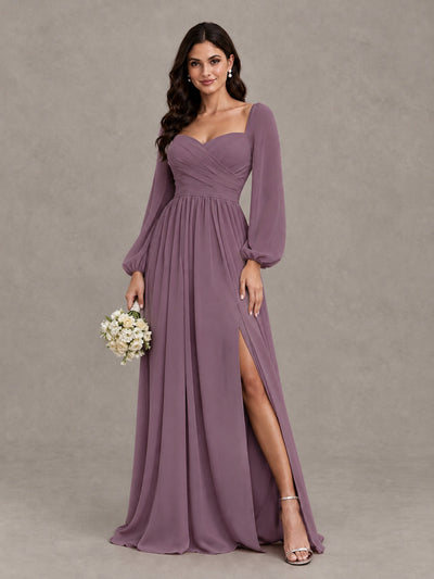 BOLODOO Wisteria Long Sleeve Chiffon Bridesmaid Dress with Slit - Wisteria - Wisteria (1)