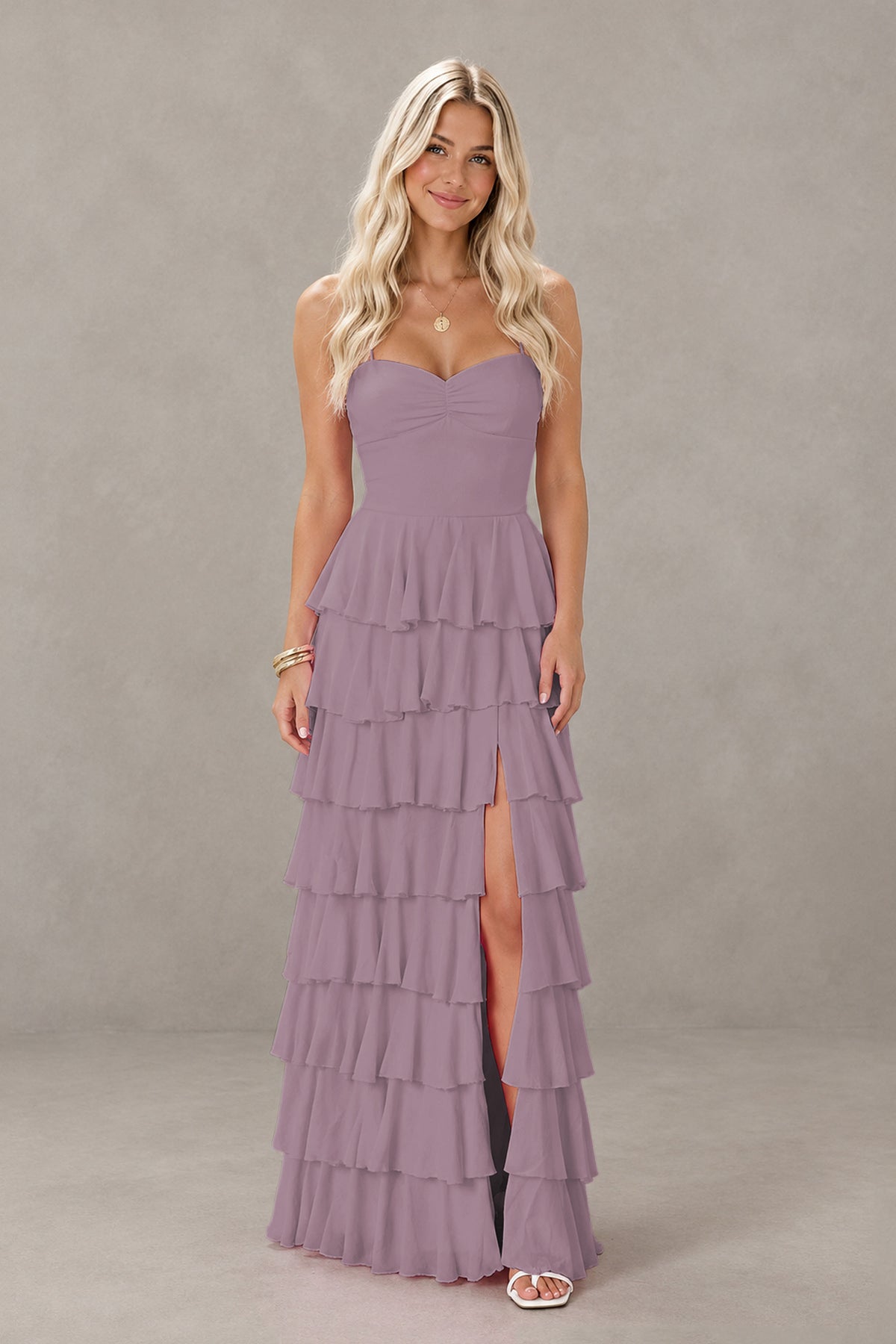 BOLODOO Wisteria Strapless Tiered Ruffle Maxi Dress with Slit & Lace-Up Back - Wisteria