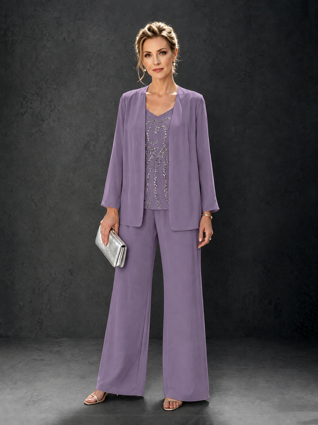 BOLODOO Wisteria 3-Piece Mother of the Bride Pant Suit with Beaded Top & Chiffon Jacket - Wisteria