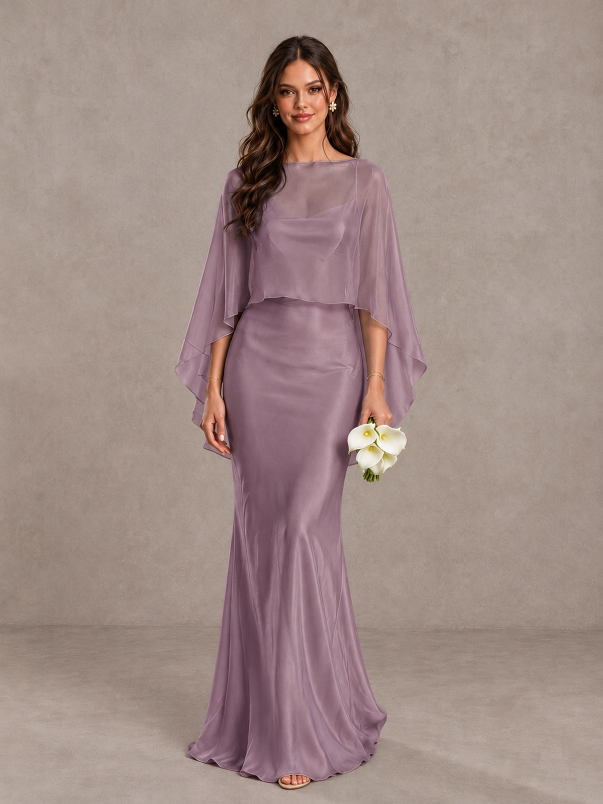 BOLODOO Wisteria Satin Mermaid Bridesmaid Dress with Chiffon Cape - Wisteria - Wisteria (1)