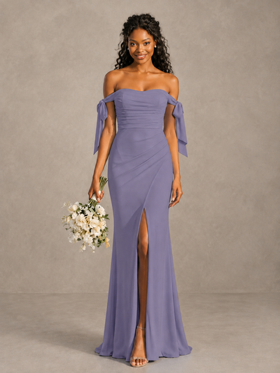 Wisteria Off-Shoulder Bow Bridesmaid Dress with Slit - Wisteria - Wisteria (1)