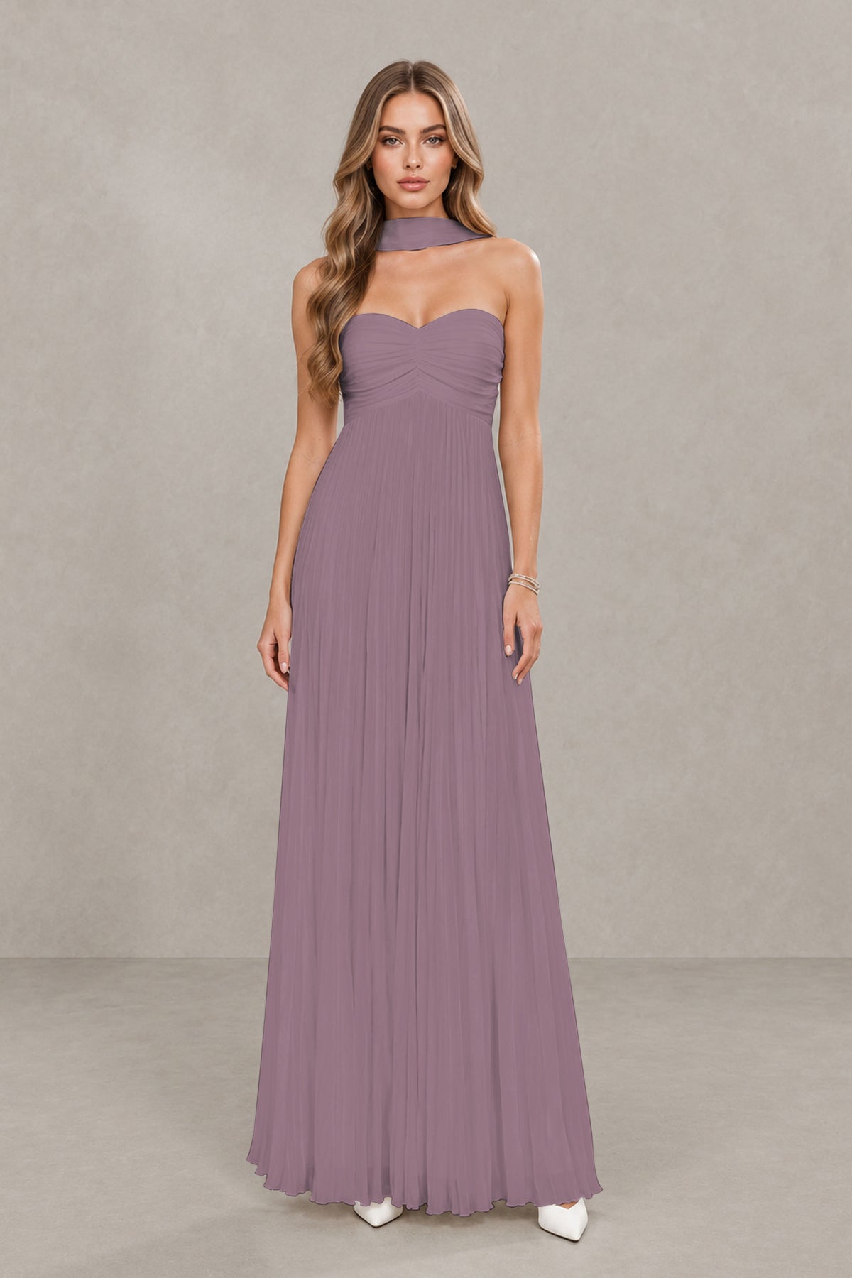 BOLODOO Wisteria Strapless Chiffon-Look Maxi Dress with Lace-Up Back & Cape - Wisteria
