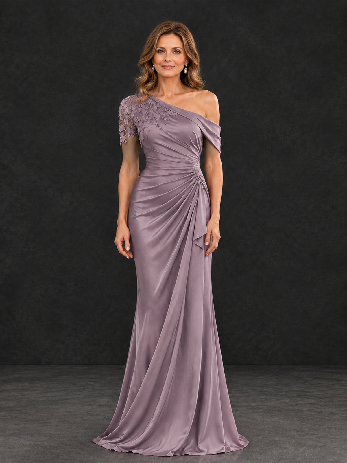 BOLODOO Wisteria Asymmetric Satin Mother of the Bride Dress with Lace Sleeve - Wisteria - Wisteria (1)