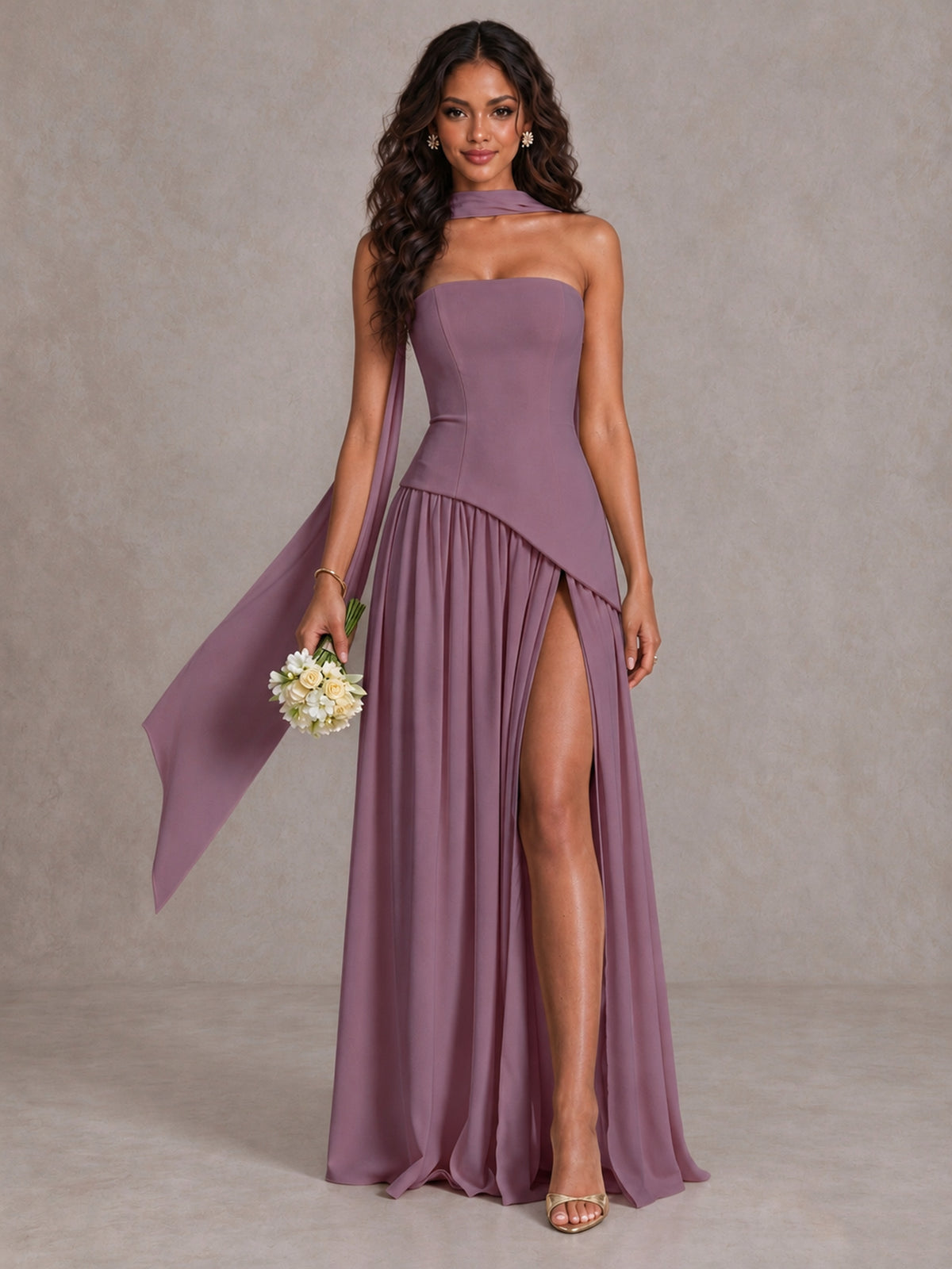 Wisteria Strapless Bridesmaid Dress with Scarf & High Slit - Wisteria - Wisteria (1)