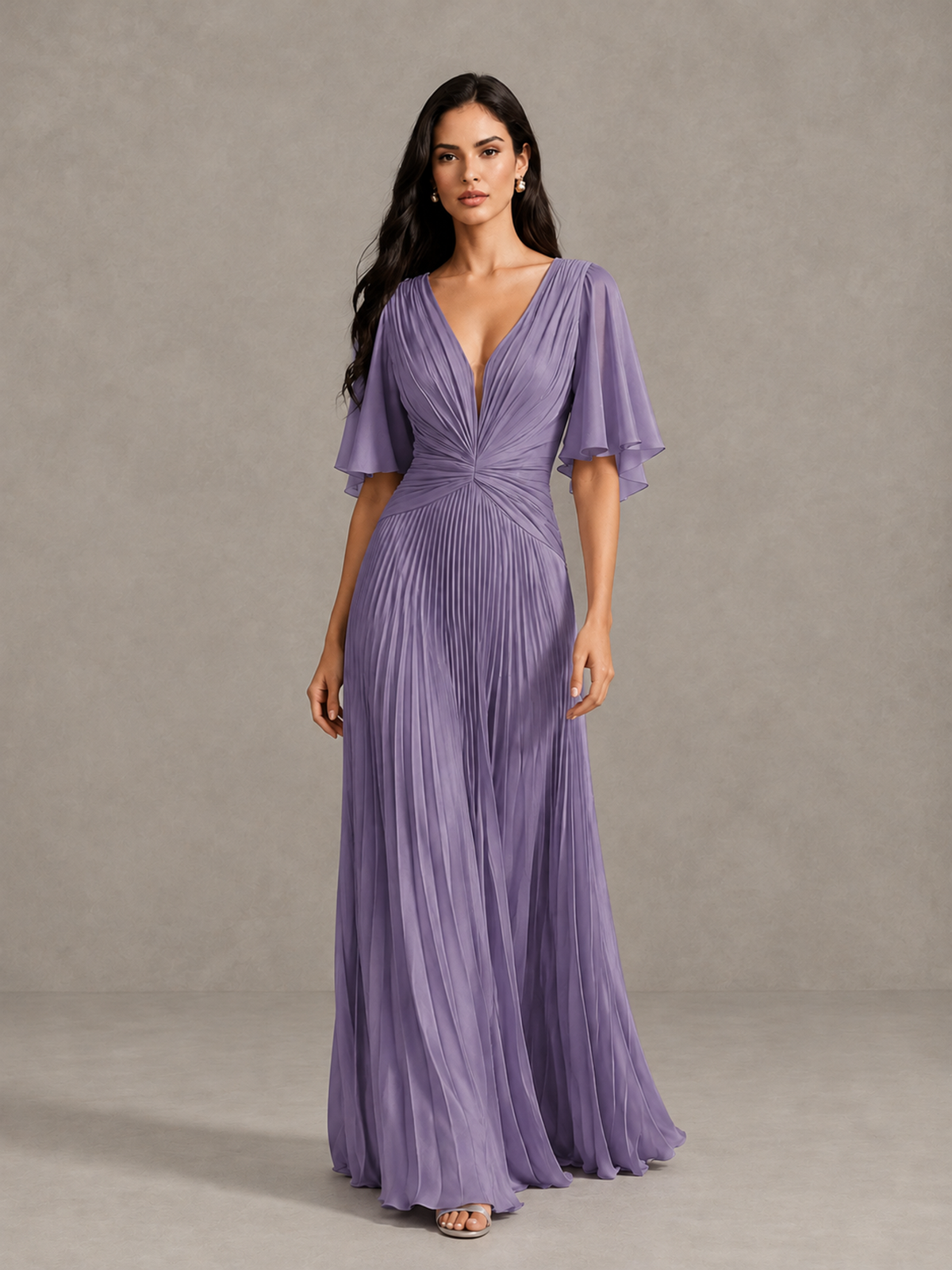 BOLODOO Wisteria Pleated V-Neck Flutter Sleeve Bridesmaid Dress - Wisteria - Wisteria (1)