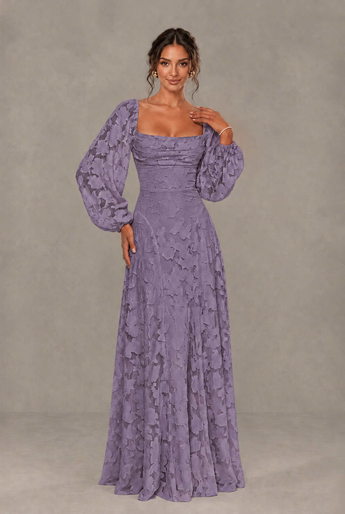 BOLODOO Floral Wisteria Long Sleeve A-Line Dress with Lace-Up Back - Wisteria