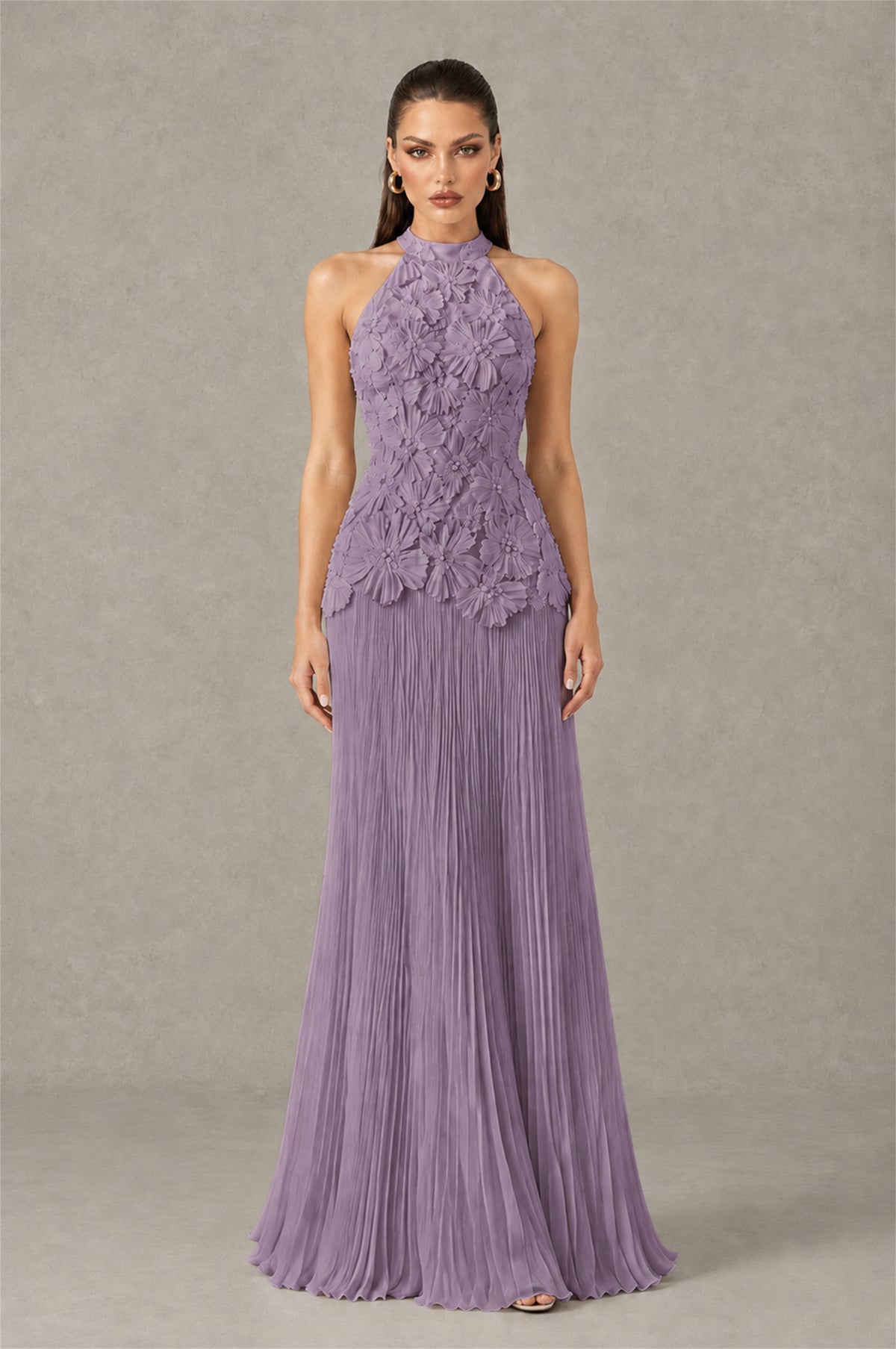 BOLODOO Wisteria 3D Floral Applique Halter Neck Open Back Pleated Maxi Dress - Wisteria