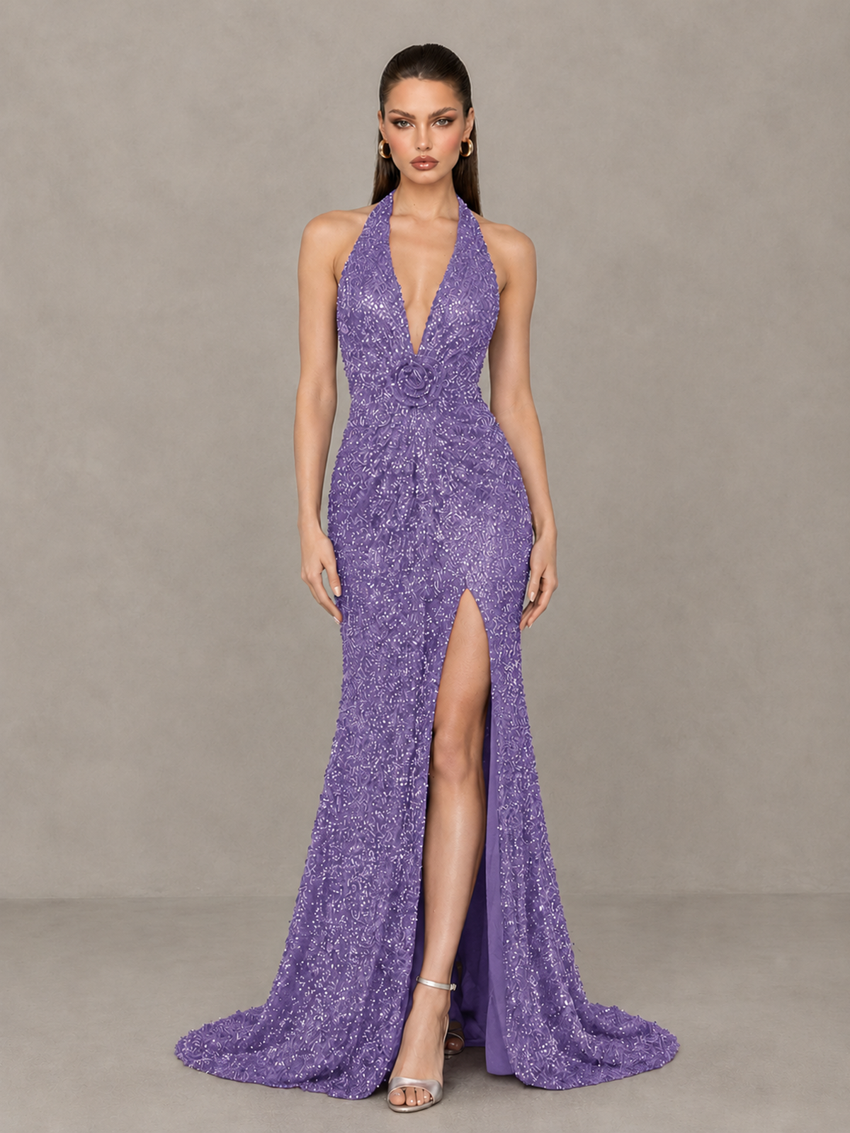 BOLODOO Wisteria Sequin Halter Open Back Evening Gown with High Slit - Wisteria - Wisteria (1)