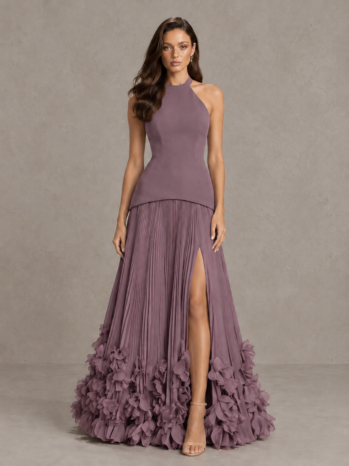 BOLODOO Wisteria Halter Neck Floor-Length Evening Gown with High Slit & 3D Floral Hem - Wisteria - Wisteria (1)