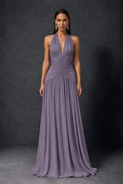 BOLODOO Wisteria Halter Deep V-Neck Ruched Chiffon Open Back Maxi Dress with Draped Neck Tie - Wisteria
