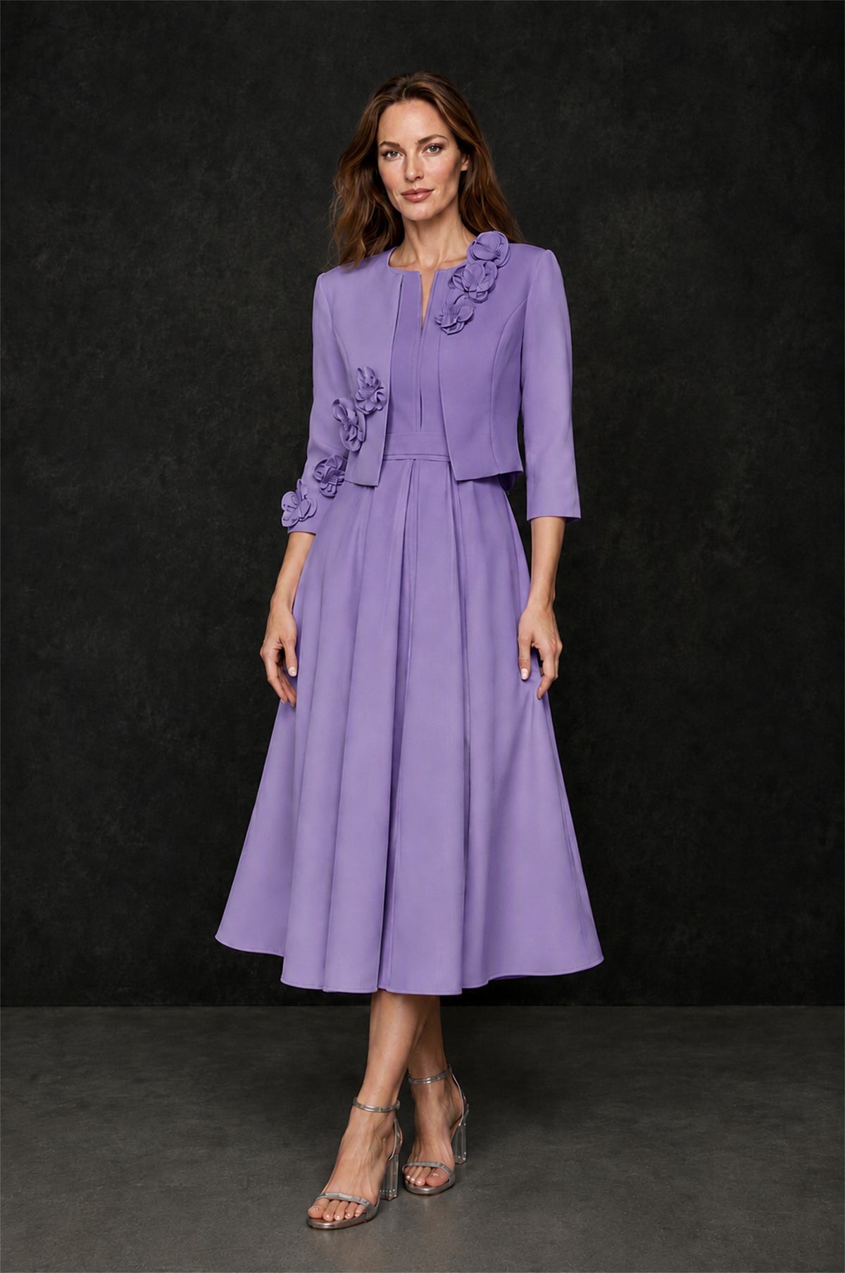 BOLODOO Wisteria 3D Rosette Appliqué 3/4 Sleeve Jacket & V-Notch Sleeveless A-Line Tea-Length Two-Piece Dress Set - Wisteria