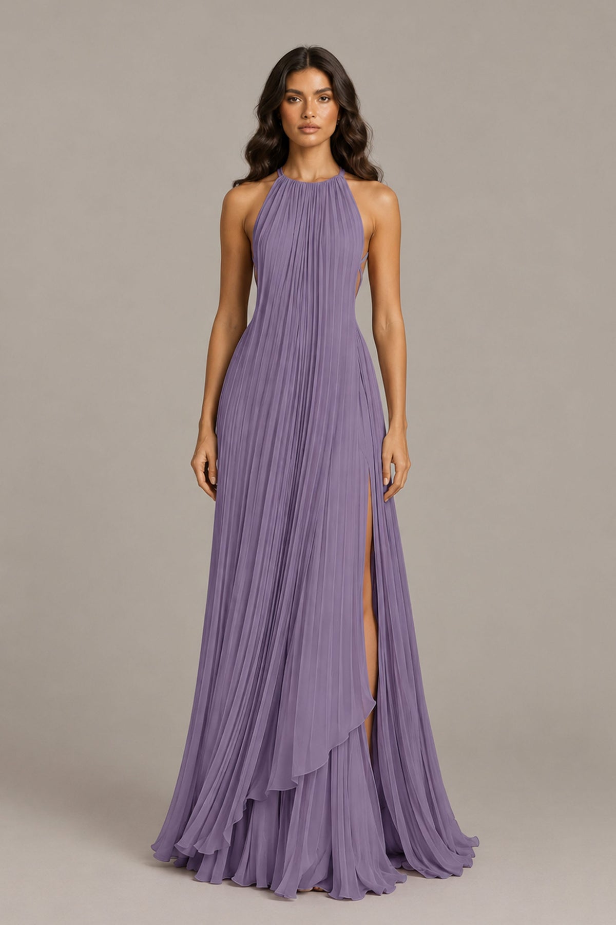 BOLODOO Wisteria Halter Neck Pleated Chiffon Maxi Dress with Side Slit - Wisteria