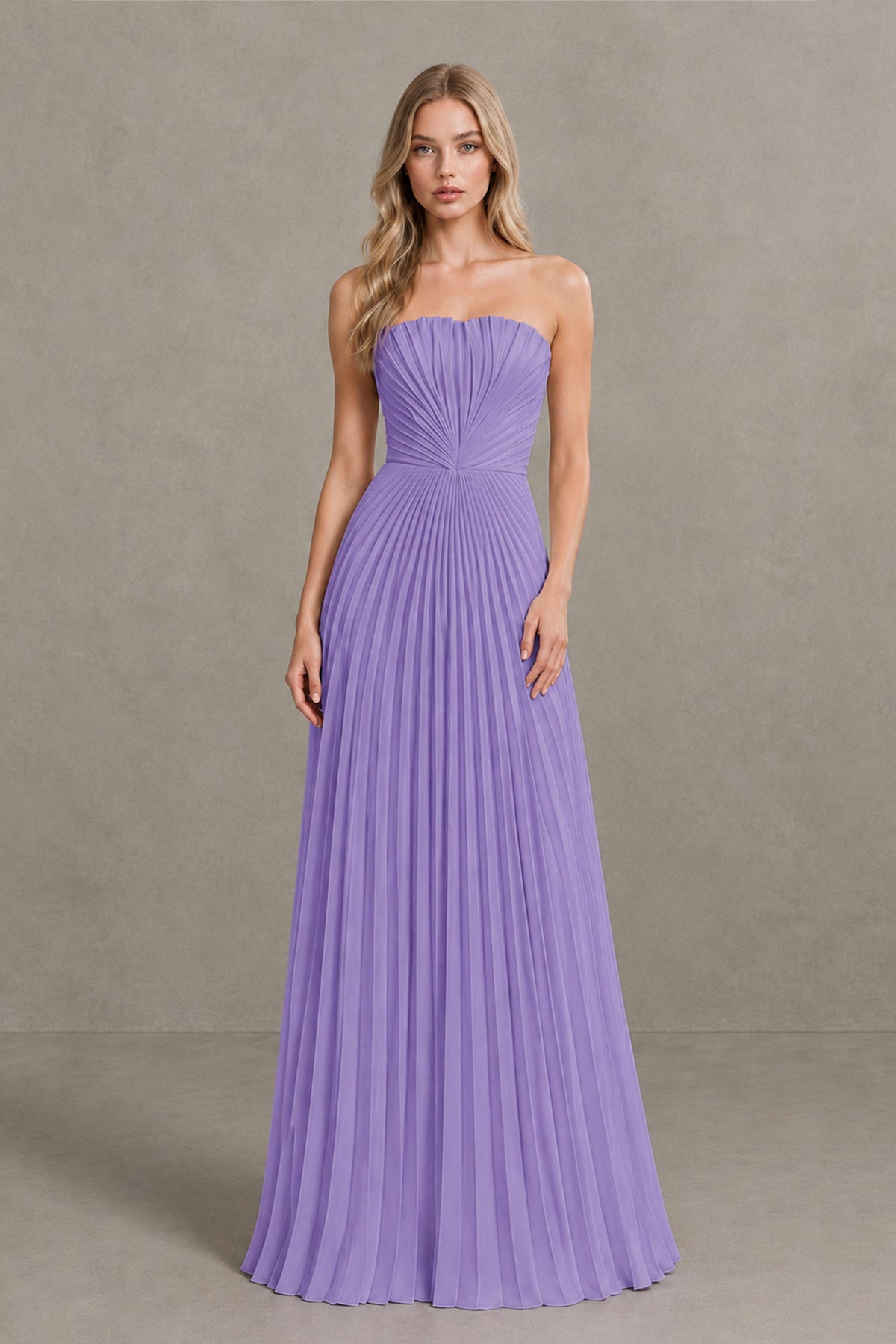 BOLODOO Wisteria Strapless Sunburst Pleated Twisted Knot Lace-Up Back Accordion Pleated Chiffon Maxi Dress - Wisteria