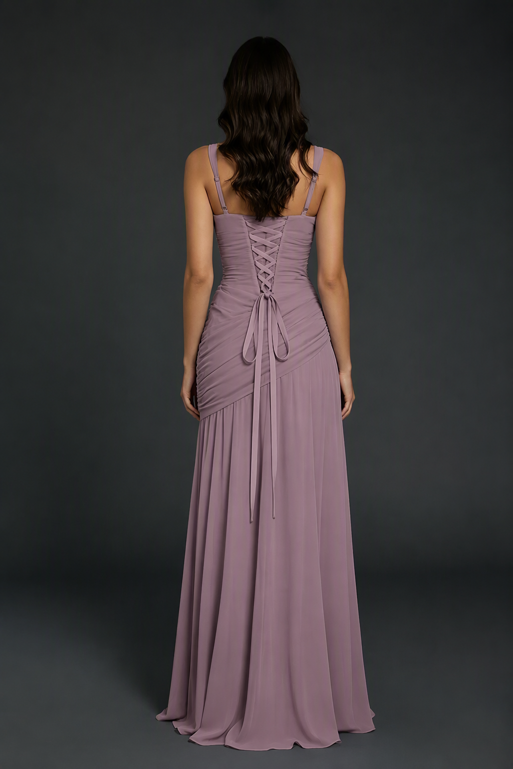 BOLODOO Wisteria Spaghetti Strap Ruched Maxi Dress – Formal Evening Gown with Slit - Wisteria