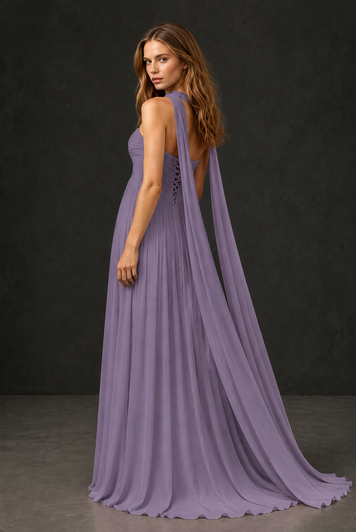 BOLODOO Wisteria Sweetheart Strapless Twist Knot Detached Halter Scarf Lace-Up Back Empire Waist Chiffon Maxi Dress - Wisteria