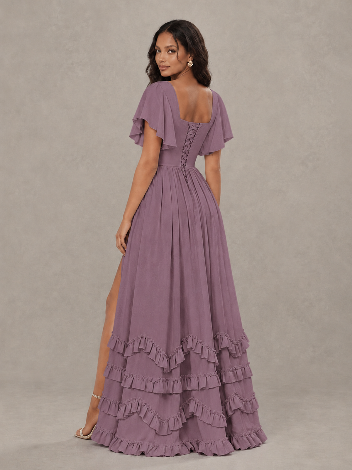 BOLODOO Wisteria V-Neck Flutter Sleeve Ruffle Bridesmaid Dress with Slit - Wisteria - Wisteria (2)