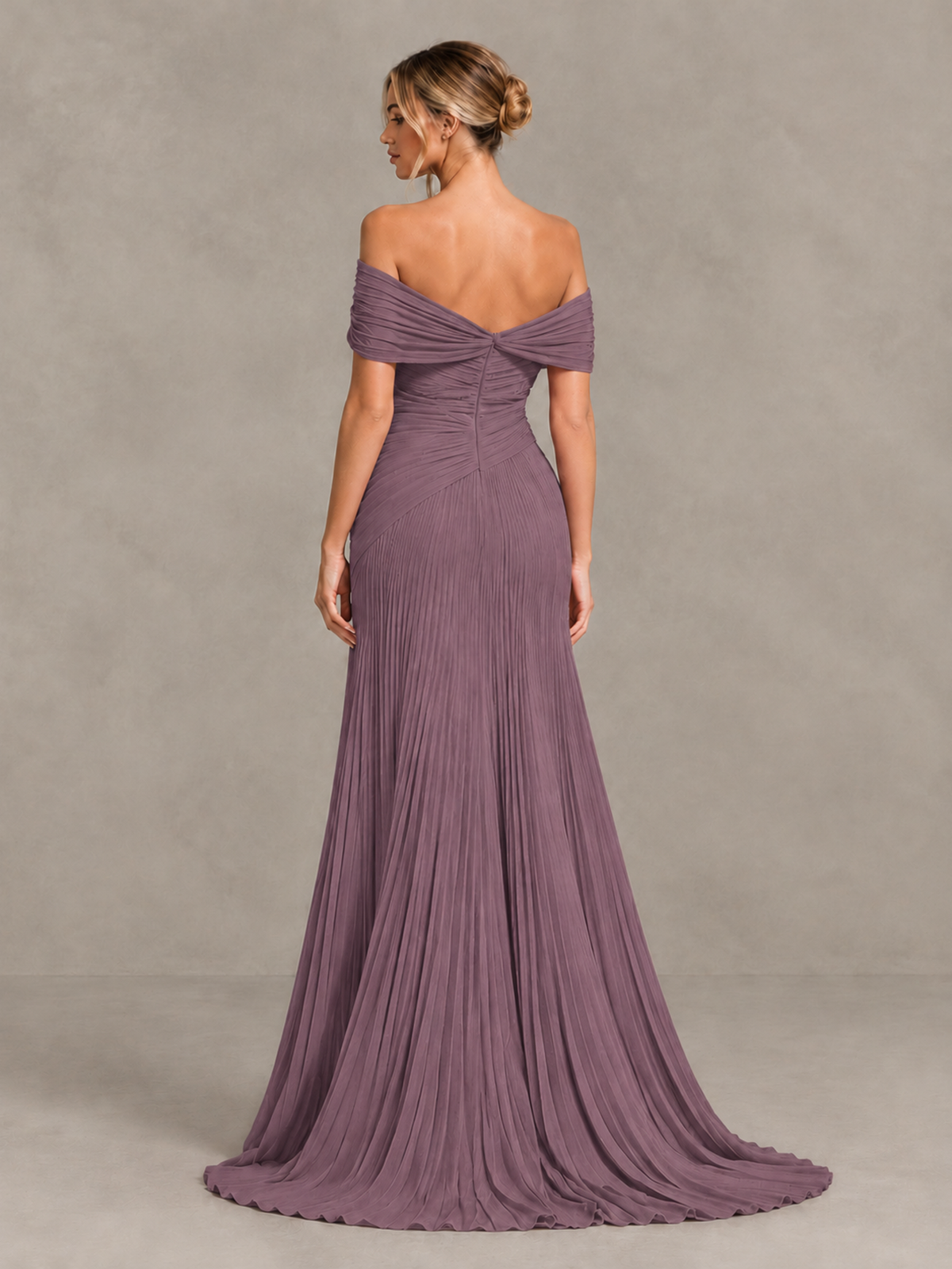 BOLODOO Wisteria Off-Shoulder Ruched Pleated Maxi Dress with High Slit - Wisteria - Wisteria (2)
