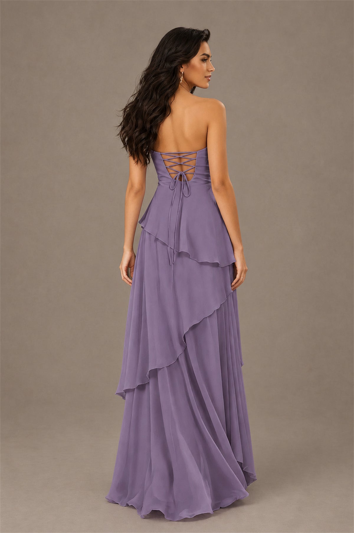BOLODOO Wisteria Strapless Sweetheart Knotted Chiffon Tiered Maxi Dress with Lace-Up Back - Wisteria