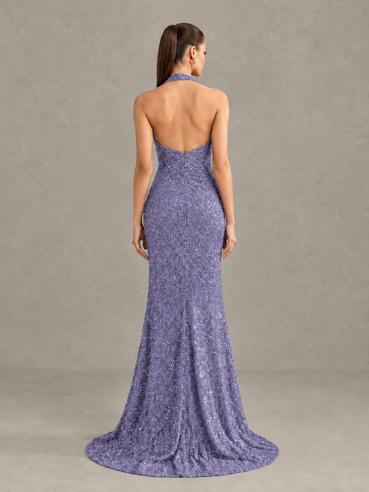 BOLODOO Wisteria Sequin Halter Open Back Evening Gown with High Slit - Wisteria - Wisteria (2)