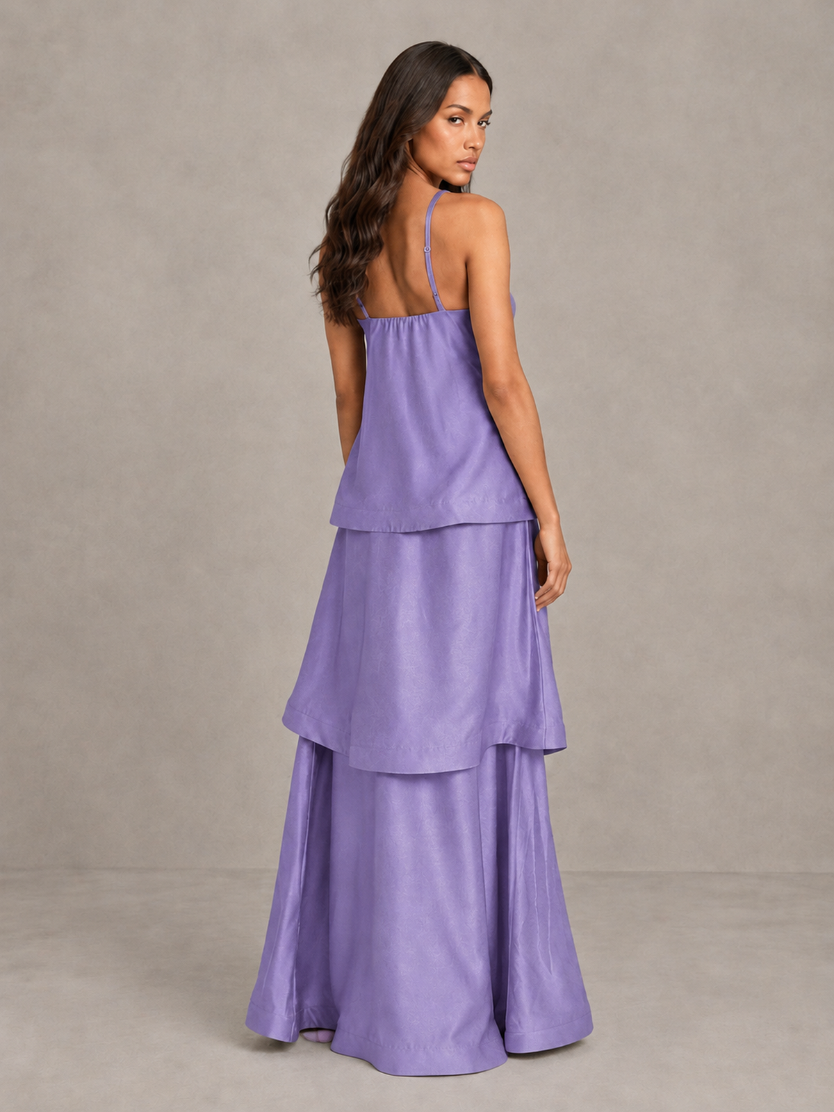 BOLODOO Wisteria Satin Tiered Maxi Dress with Spaghetti Straps - Wisteria