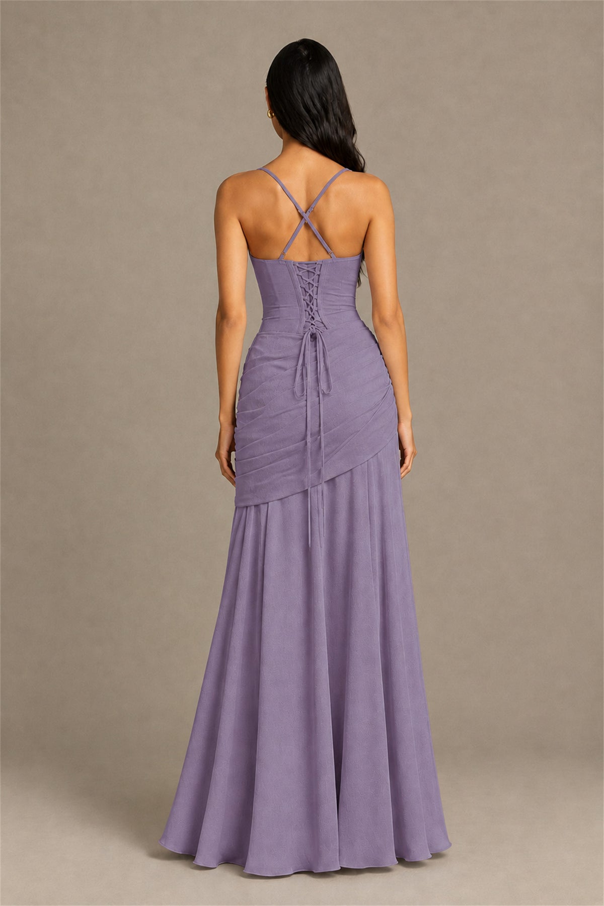 BOLODOO Square Neck Ruched A-Line Maxi Dress - Wisteria Backless Evening Gown - Wisteria