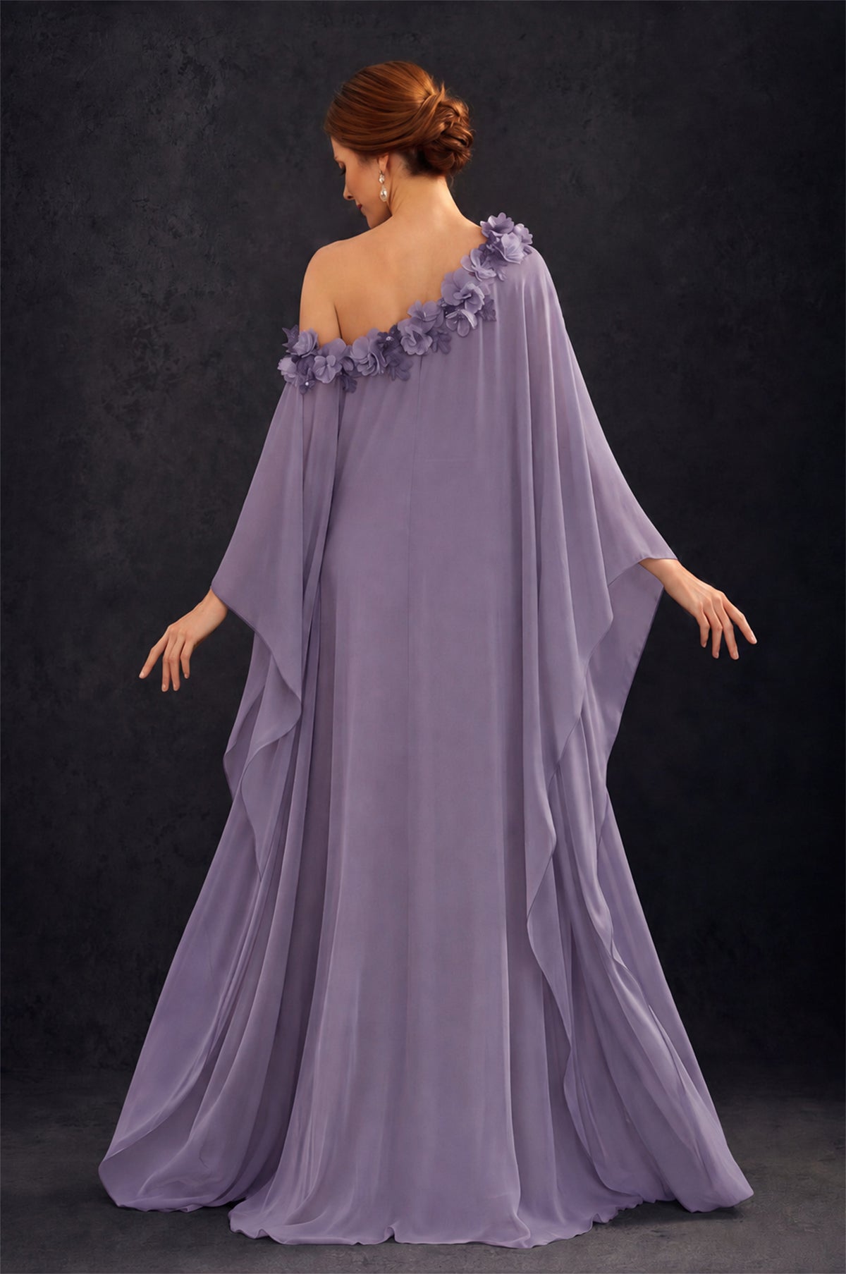 BOLODOO Wisteria 2-Piece Set: Off-Shoulder 3D Floral Cape Gown & One-Shoulder Wide-Leg Jumpsuit | BD0373 - Wisteria
