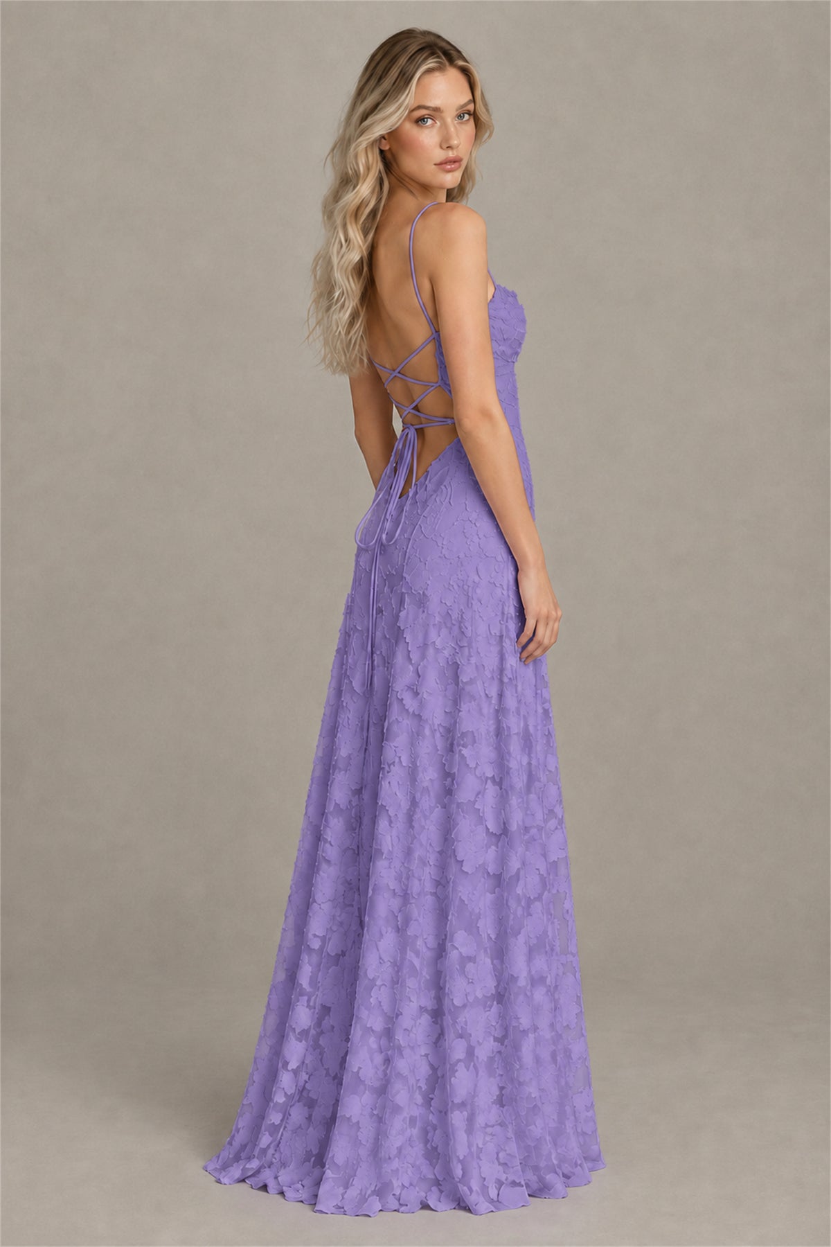 BOLODOO Wisteria Floral Appliqué Lace-Up Back Maxi Dress - Wisteria