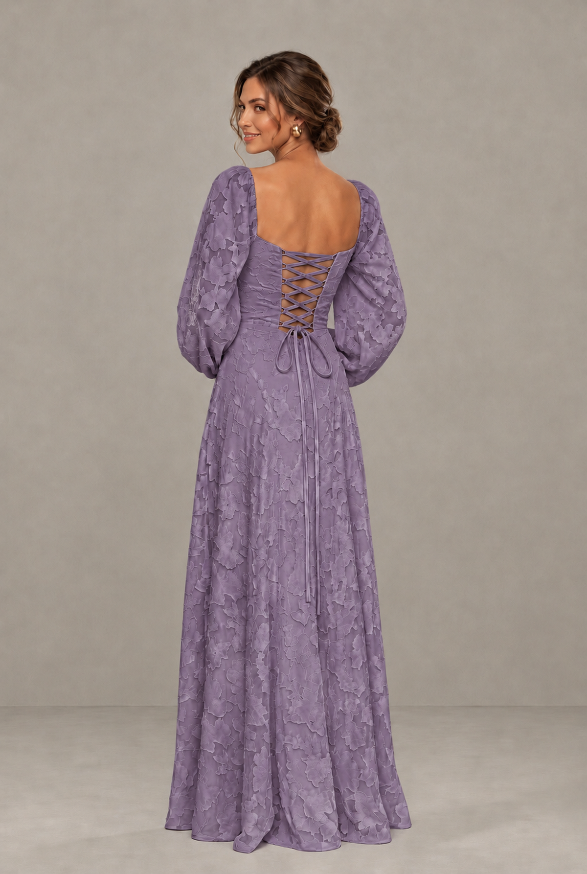 BOLODOO Floral Wisteria Long Sleeve A-Line Dress with Lace-Up Back - Wisteria