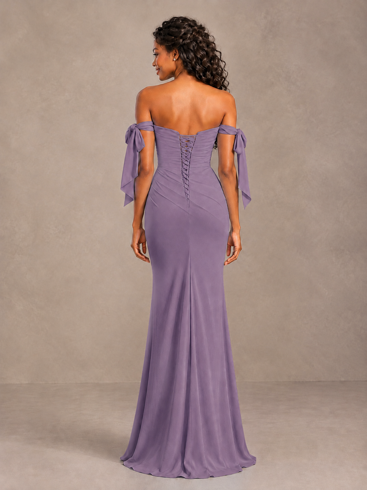 Wisteria Off-Shoulder Bow Bridesmaid Dress with Slit - Wisteria - Wisteria (2)