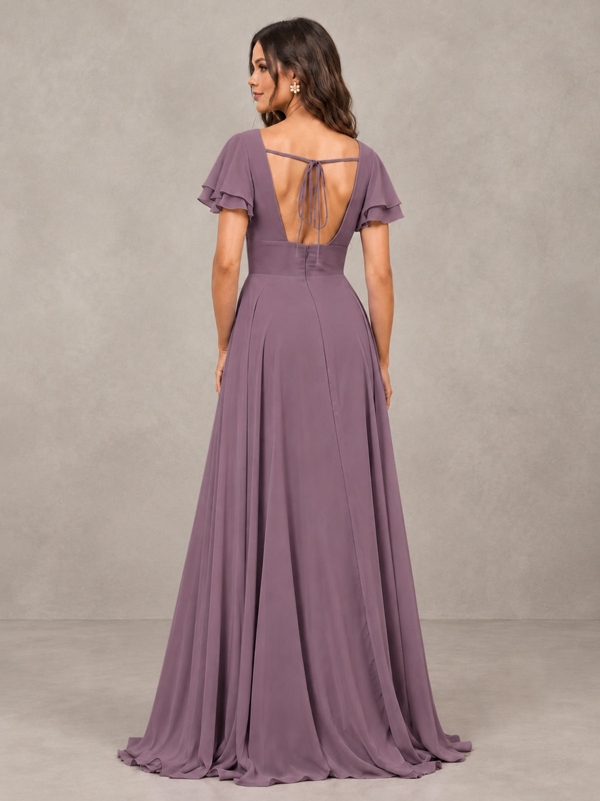 BOLODOO Wisteria Flutter Sleeve Chiffon A-Line Maxi Bridesmaid Dress with Open Back & Slit - Wisteria - Wisteria (2)