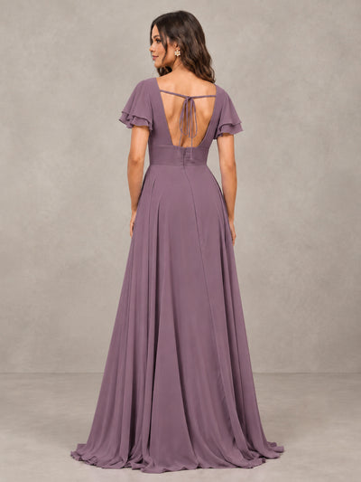 BOLODOO Wisteria Flutter Sleeve Chiffon A-Line Maxi Bridesmaid Dress with Open Back & Slit - Wisteria - Wisteria (2)