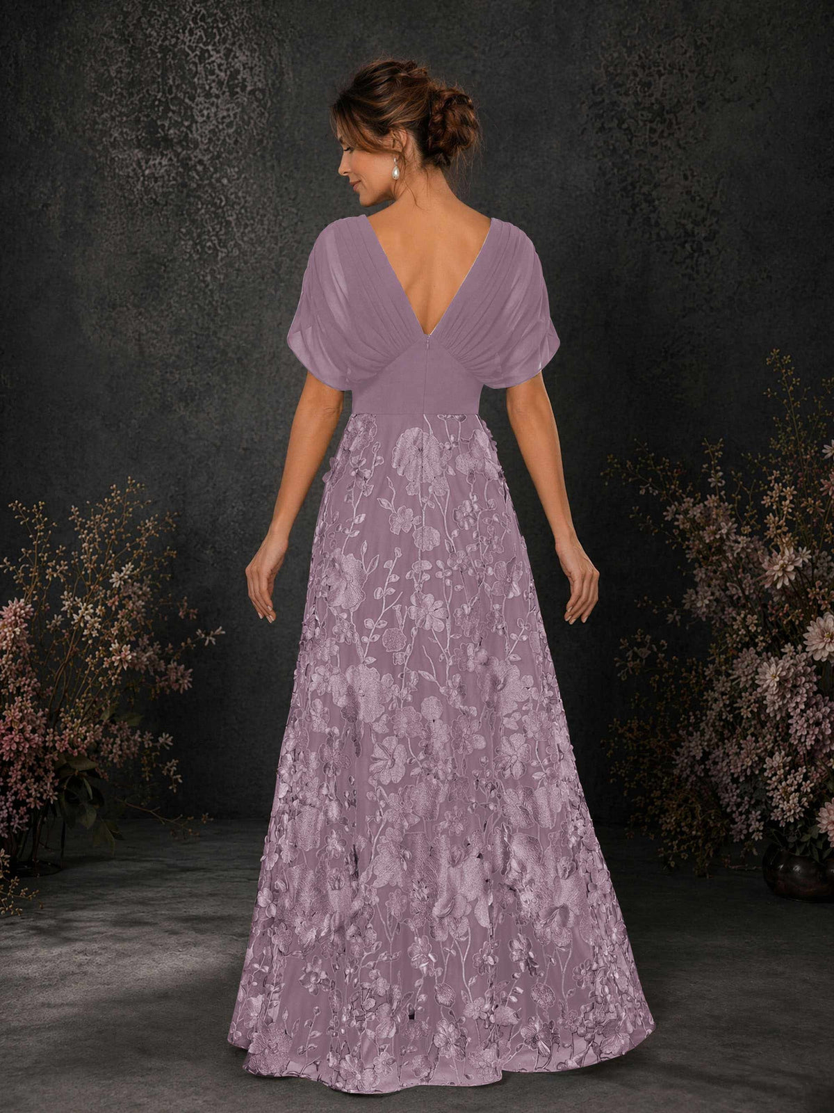 BOLODOO Wisteria & Wisteria Chiffon V-Neck Flutter Sleeve Floral Embroidered A-Line Gown BD0414 - Wisteria