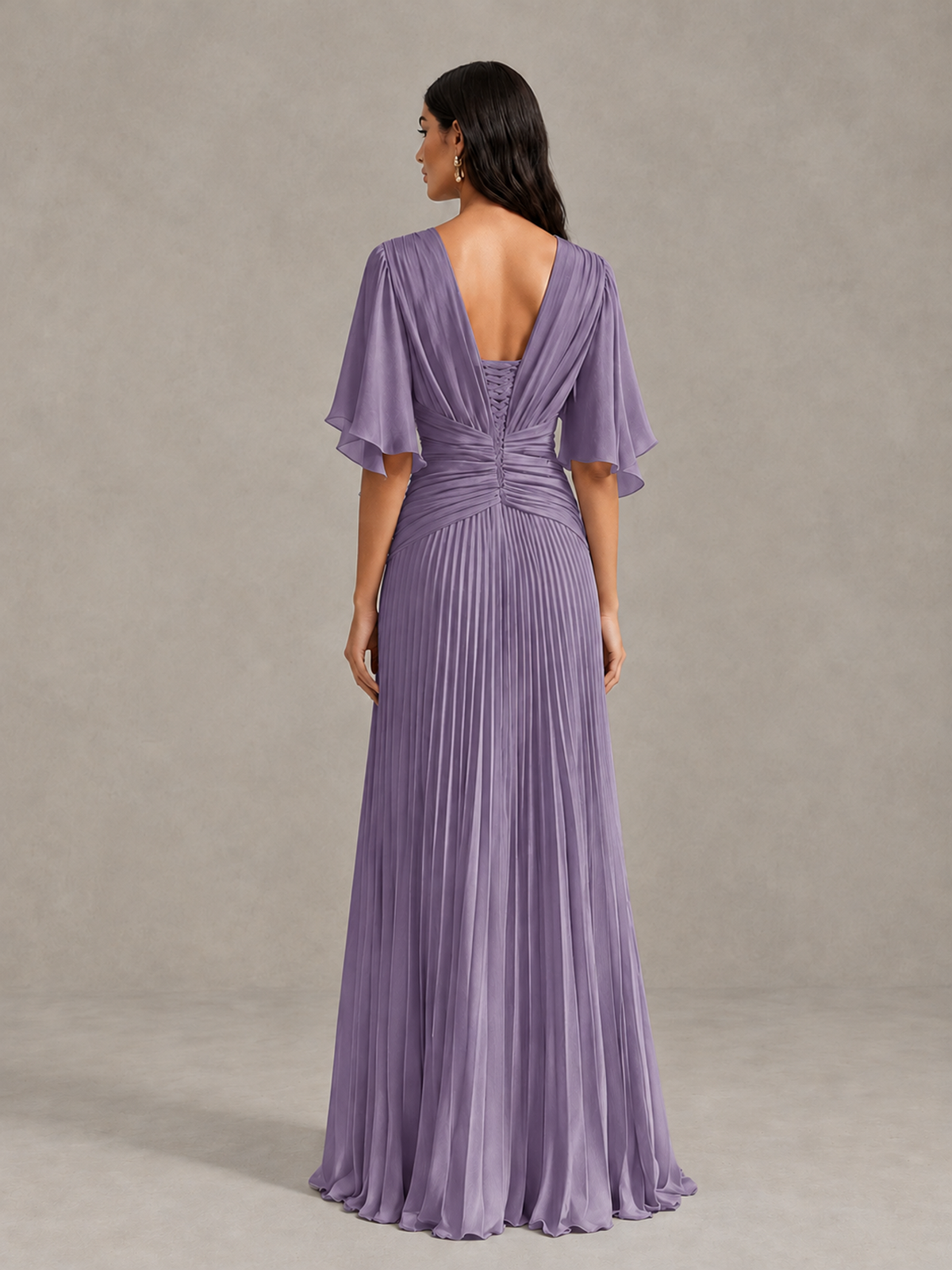 BOLODOO Wisteria Pleated V-Neck Flutter Sleeve Bridesmaid Dress - Wisteria - Wisteria (2)